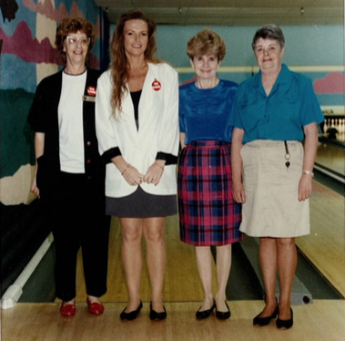 Patsy Lowrance, Sheryl Schuler, Barbara Phillips, and Gloria Kissinger at the bowling alley