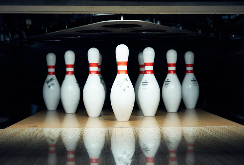 Close up of pins used for scoring in bowling
