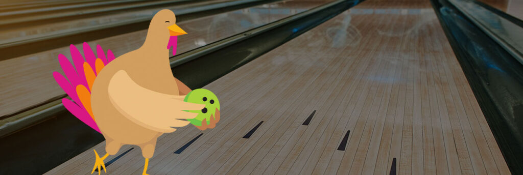 a cartoon turkey bowling
